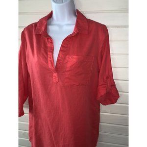 Saint Tropez West Sz SMALL Coral  Red Tunic Top Boho Beach Wear Linen Blend EUC